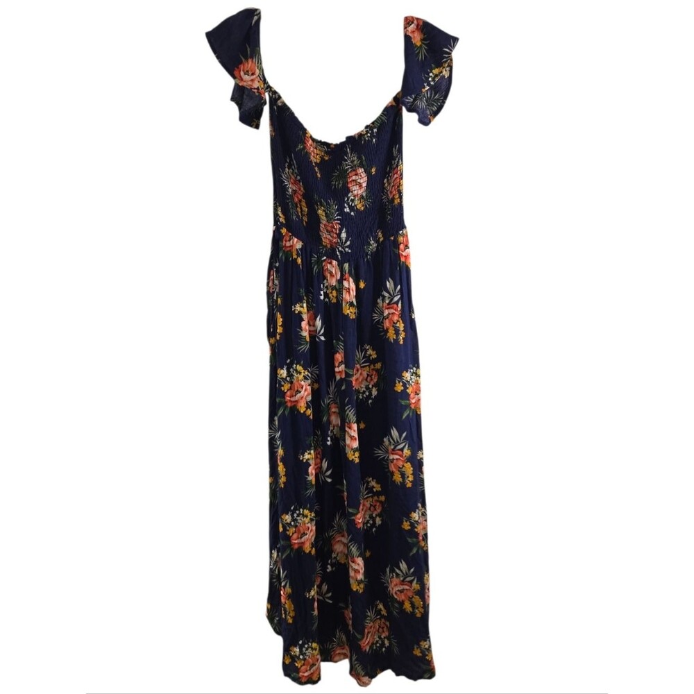 Adam Levine Navy Floral Rayon Strapless Cap Sleeve Midi Dress - Picture 2 of 11